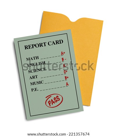 New Green Report Card With Yellow Envelope Isolated on White Background.