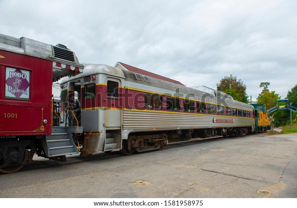 NEW HAMPSHIRE, USA - OCT. 6, 2018:\
Winnipesaukee Scenic Railroad Passenger Car at Weirs Beach station,\
City of Laconia, New Hampshire,\
USA.