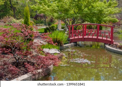 New Hanover Arboretum Wilmington NC. Japanese style Red Bridge on the pond.