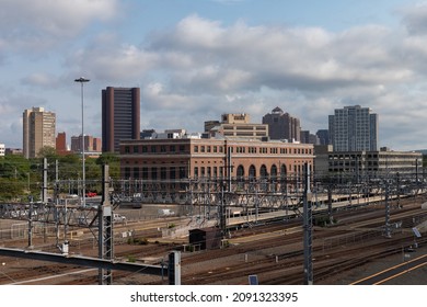 New Haven, Connecticut USA- July 28 2021: New Haven Union Station And Train Tracks In New Haven Connecticut