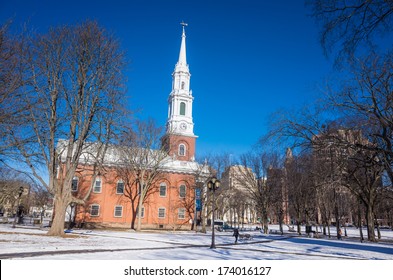 New Haven Green In Winter Sunlight With Snow And Blue Sky