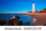 New Haven Lighthouse, built in 1847, at the Lighthouse Point Park of the Eastern Beachfront of New Haven Harbor in Connecticut, United States