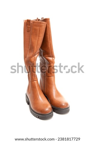 New high brown boots on a white background.