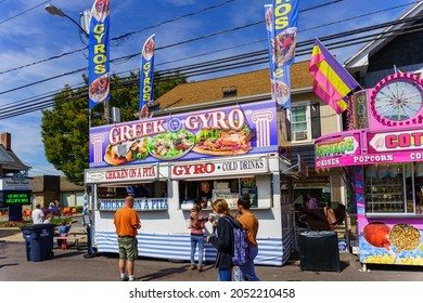 New Holland, PA, USA - October 2, 2021: One Of The Many Food Stands Setup At The Annual Community Street Fair In A Small Community In Lancaster County, PA.