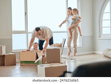 New home, box and parents with children playing for house, property mortgage and real estate investment. Homeowner, family and mother, father and kids excited for moving day, relocation and rental - Powered by Shutterstock