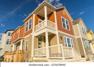 New Home Construction With Balcony And Porch In The Walkable Neighborhood Of Mueller In Austin, Texas, USA.