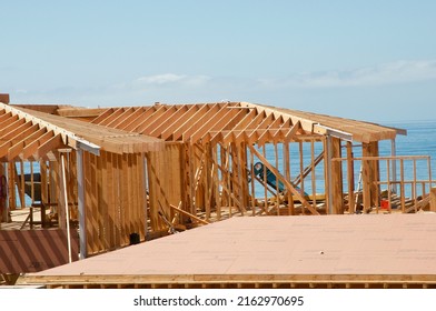 New Home Construction Overlooking The Pacific Ocean Malibu With Blue Sky