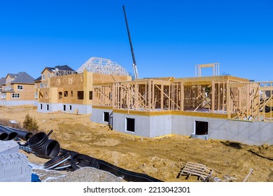 New Home Development Construction Site Unfinished Houses An Aerial Top View