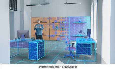 New Home Office: Modern Interior Designer Uses Augmented Reality Software on Digital Tablet Computer to Choose 3D Furniture for His Cozy Home Office Studio. VFX Special Effects