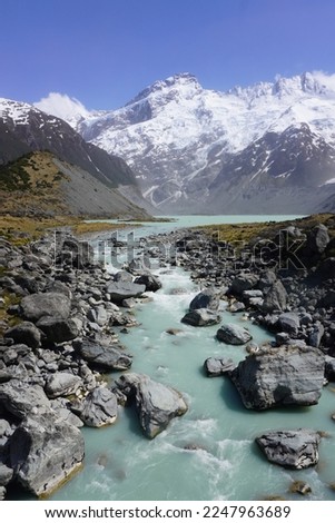 New Zealand’s Hooker River with Snow-Capped Mount Sefton in the Distance in Aoraki Mount Cook National Park