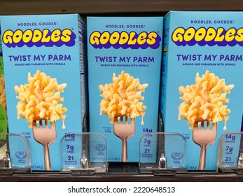 New Hope, Minnesota - October 11, 2022: Goodles Twist My Parm Mac And Cheese Box Mix For Sale At A Hyvee Grocery Store