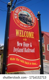 New Hope, PA / USA - April 26, 2020: The New Hope And Ivyland Railroad Operates A Restored Station And Single Track Rail Line For Family Excursions Along The Delaware River In Scenic Bucks County. 