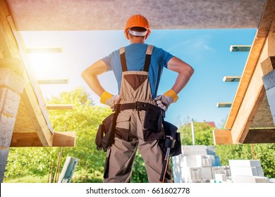 New House Building Project. Construction Contractor Worker in the Middle of Future Balcony Entrance Preparing For the Next Move. Home Builder.