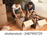 New house, happy family and children or playing in boxes for real estate, property milestone or celebration for moving day. Love, kids and cardboard package with mortgage investment or home success