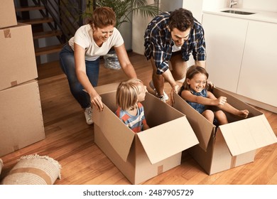 New house, happy family and children or playing in boxes for real estate, property milestone or celebration for moving day. Love, kids and cardboard package with mortgage investment or home success - Powered by Shutterstock