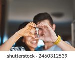 New house, heart in hands and couple with keys for property, moving day and home investment. Homeowner, real estate and happy man and woman with keychain for mortgage, purchase and rental apartment