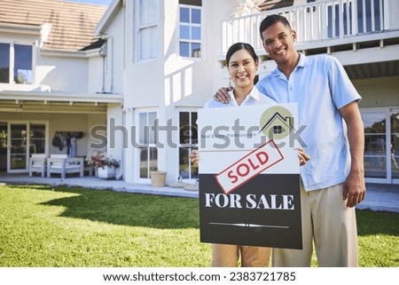 New house, sold sign or happy couple portrait with dream home choice, real estate and property purchase, sale or opportunity. Mortgage, homeowner smile or outdoor people with relocation success board