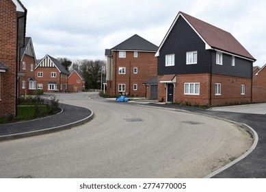 New housing development featuring large detached houses alongside low-rise apartment buildings arranged along a winding residential road. The layout reflects a contemporary UK suburban planning approach, combining different housing types within a landscaped estate setting. The scene shows a modern residential neighbourhood with varied architecture and a curved street design integrated into the surrounding environment.