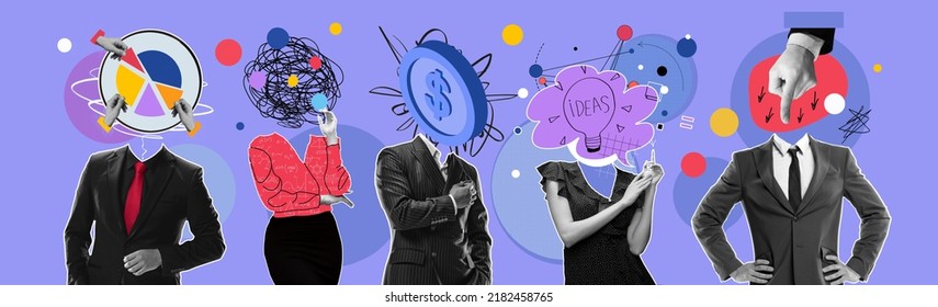 New ideas, thougths and power. Contemporary art collage. Inspiration, idea, trendy urban magazine style. Men women in business style outfits with different objects instead head. Stay motivated - Shutterstock ID 2182458765