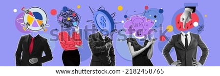 New ideas, thougths and power. Contemporary art collage. Inspiration, idea, trendy urban magazine style. Men women in business style outfits with different objects instead head. Stay motivated