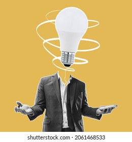 New ideas, thougths and power. Man in business suit with electric bulb instead head Modern design, contemporary art collage. Inspiration, idea, trendy urban magazine style. Stay motivated