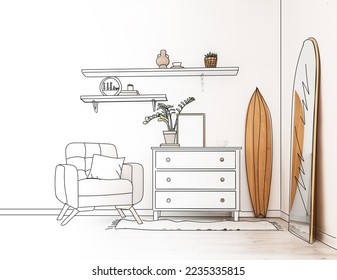New interior of living room with comfortable armchair, chest of drawers, surfboard and mirror