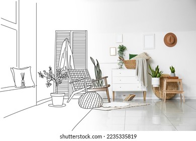 New interior of living room with comfortable armchair, chest of drawers, folding screen and houseplants - Shutterstock ID 2235335819