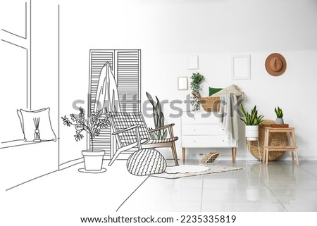 New interior of living room with comfortable armchair, chest of drawers, folding screen and houseplants