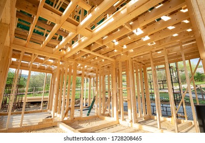 New interior residential wooden construction house framing