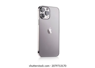 the new Iphone 13 promax with a system of three new cameras for photo and video shooting, the color gray space, a new smartphone from Apple close-up on a white background. Russia, Krasnoyarsk
