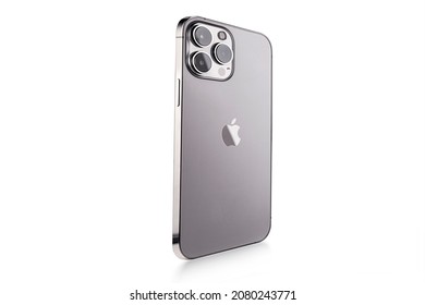 the new Iphone 13 promax with a system of three new cameras for photo and video shooting, the color gray space, a new smartphone from Apple close-up on a white background. Russia, Krasnoyarsk