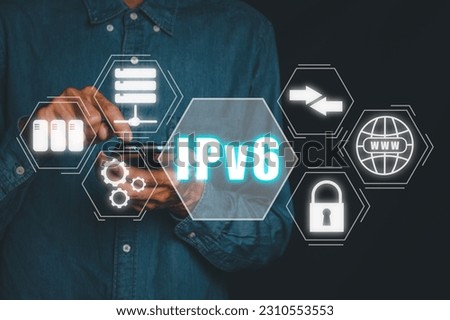 New IPv6 Internet Protocol larger address space for connected devices on network, Person using smartphone with IPv6 icon on virtual screen.