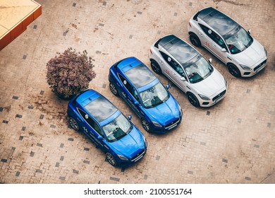 A Lot Of New Jaguar Luxury SUV Car Photographed From Above. Iasi, 2018.