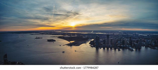 New Jersey Bay And Cape Liberty Cruise Port Skyline Panoramic Aerial View With Hudson River At Sunset. New York City.