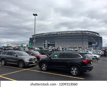 New Jersey, Oct 2018: Metlife Stadium Exterior Day Time Photo From Tailgate Parking Lot Before New York Jets Football Game Against Opponent Team Takes Field To Compete