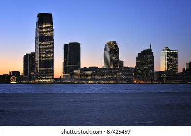 New Jersey Skyline With Skyscrapers At Night, USA