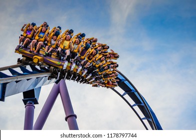 NEW JERSEY USA - JUNE 20 2016: Bizarro is a twisted modern roller coaster taking as much as 4 Gs at 60 miles per hour in Six Flags Great Adventure park - New Jersey