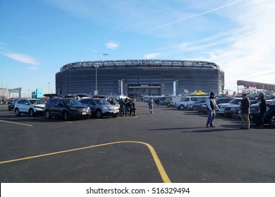 New Jersey, USA - November 2016: Exterior Metlife Stadium Before A New York Jets American Football Game. Fans Tailgate In Parking Lot Before Enter Arena To Cheer On Team.
