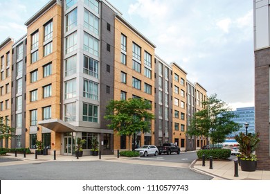 New Jersey, Weehawken / USA - 06 08 2018: Urban residential neighbourhood near Manhattan, New York. Townhouses and homes, street and facade. 