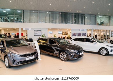 New KIA cars in the car dealership. rent, sale of cars at an authorized dealer. Russia, Rostov-on-Don, motor showroom KLYUCHAVTO, 20.12.2021