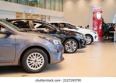 New KIA cars in the car dealership. rent, sale of cars at an authorized dealer. Russia, Rostov-on-Don, motor showroom KLYUCHAVTO, 20.12.2021