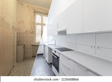 new kitchen before and after renovation - white kitchen - Shutterstock ID 1135608866