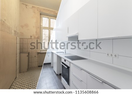 new kitchen before and after renovation - white kitchen Stock foto © 
