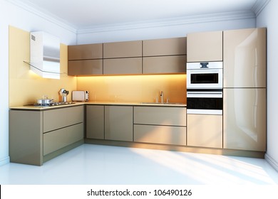new kitchen interior with brown lacquer boxes facades