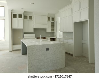 New Kitchen With Island Counter Under Construction, Frisco TX USA May 2020.