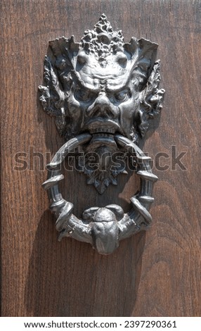 New knocker in the shape of devil's head on wooden door close up
