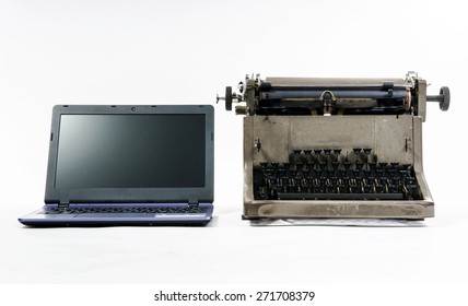 New Laptop Computer Vs Old Vintage Typewriter, Isolated On White Background
