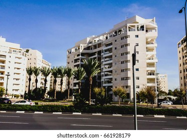 New Large Buildings At Levi Eshkol Street On Blue Sky Background. Tel Aviv. Israel