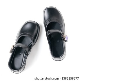 New Leather Girl Student Shoes On Top View And Isolated On White Background, Prepare For Back To School Concept