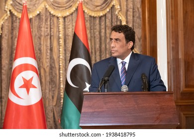 The New Libyan Presidential Council Head, Mohamed Menfi At The Press Conference With President Of Tunisia Kais Saied, Tripoli, Libya 17 March 2021